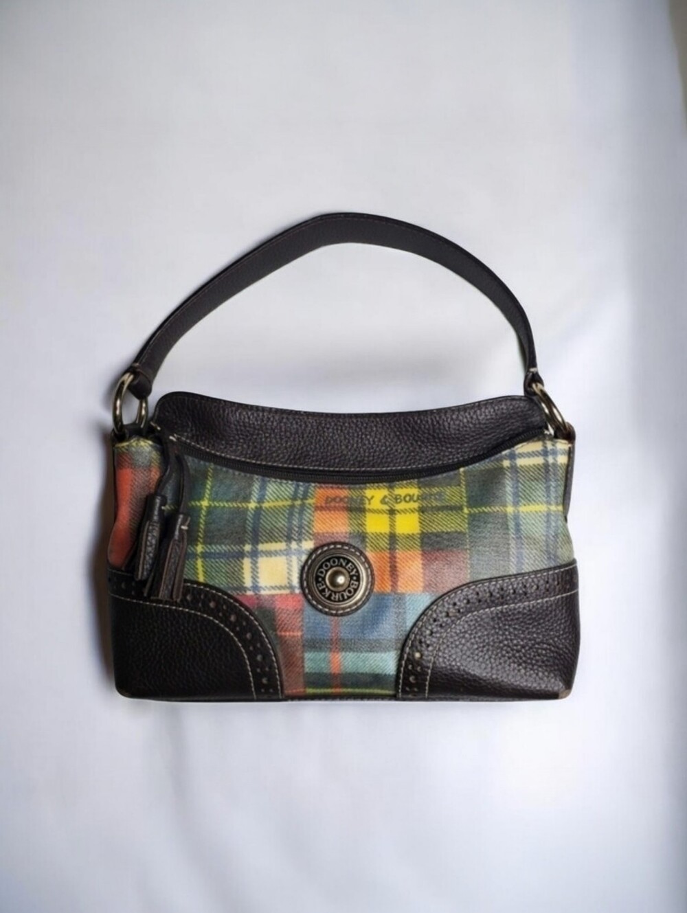 Dooney & Bourke Ladybug Black Plaid Print Leather Tassel Gold Y2K Shoulder Bag
